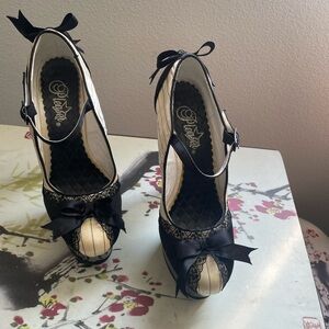 Pleaser Black and Cream Stiletto Heels with Ankle Strap